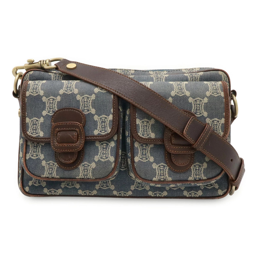 Celine Paris Macadam Crossbody Bag Denim Canvas Leather Blue Brown